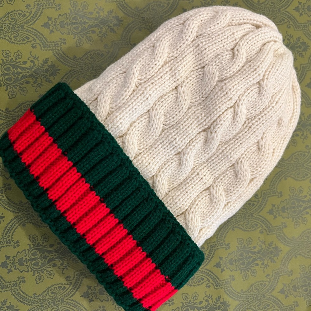 Beige Striped Cable Knitted Winter Beanie